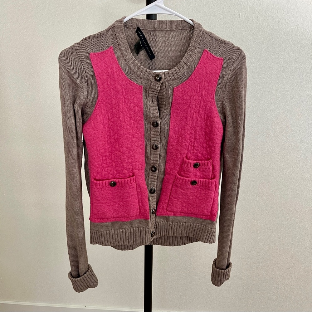 Marc By Marc Jacobs Pink & Gray Quilted Silver Stud Button Cardigan Silk